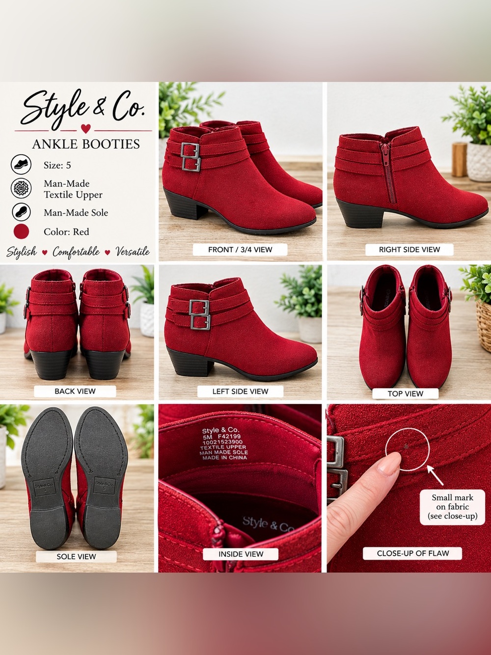 Style & Co. Crimson Red Ankle Booties with Buckle Strap